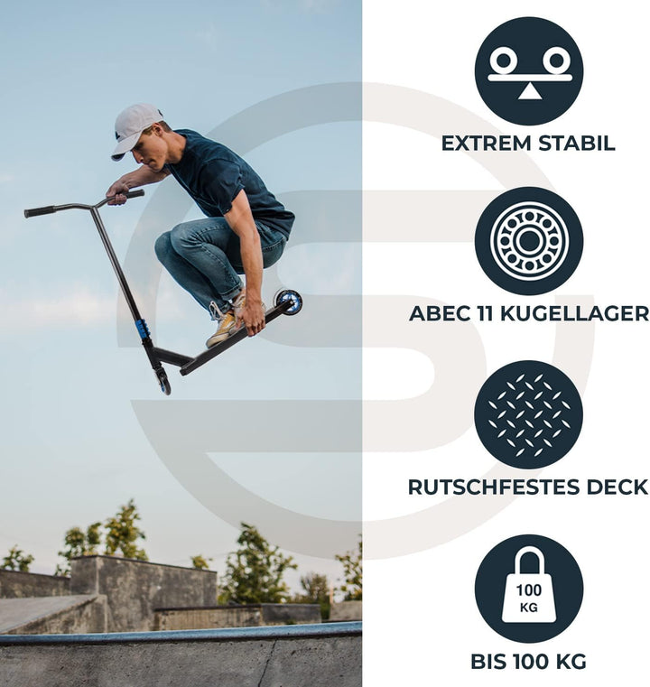 Sportisfaction Stuntscooter | Robustes Design für Tricks &amp; Stunts | ABEC11 Kugellager | 100kg Belast
