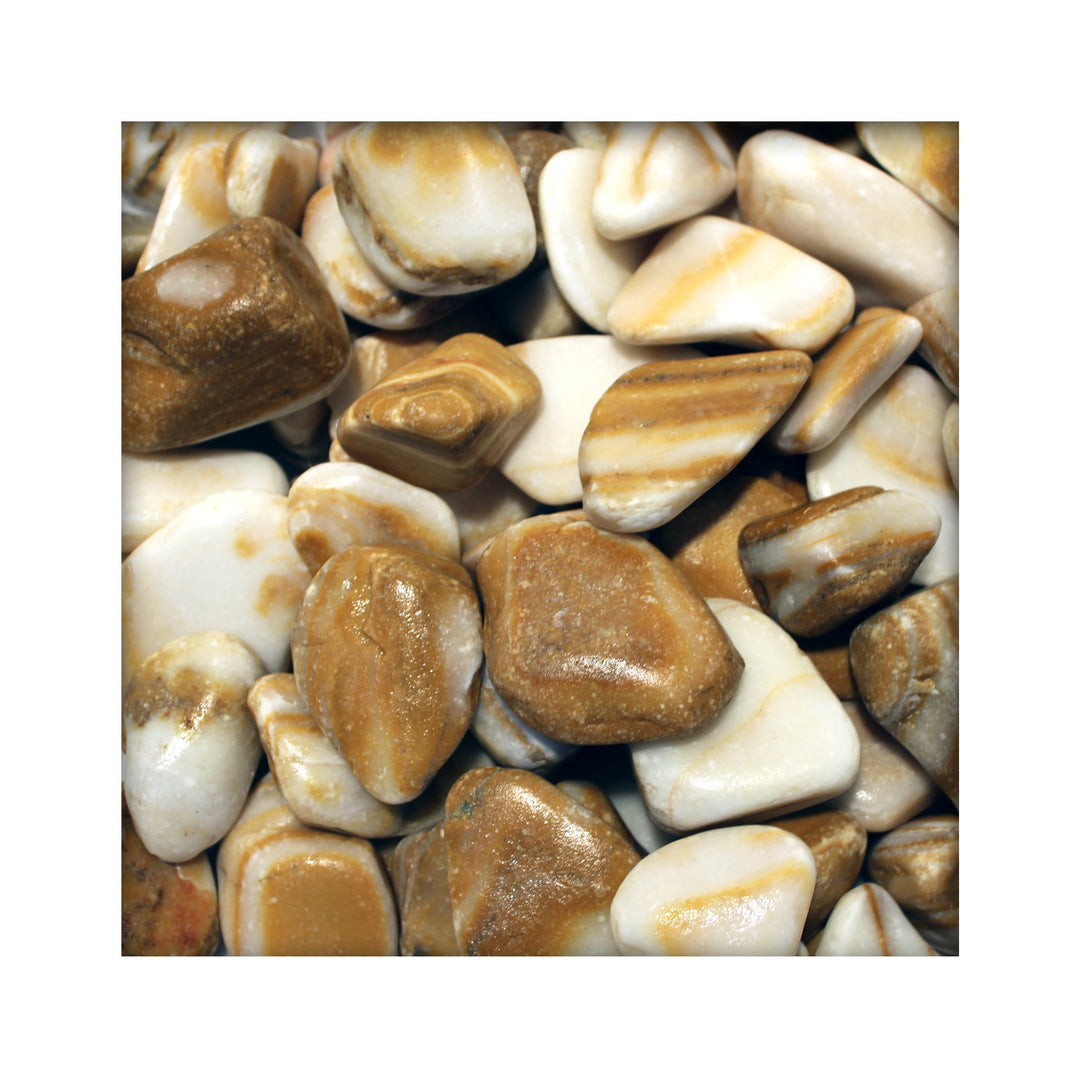 Kieskönig Flusskiesel Zierkies Cream Candy Garten Ziersteine Gartenteich gelb gestreift 25 kg Sack,