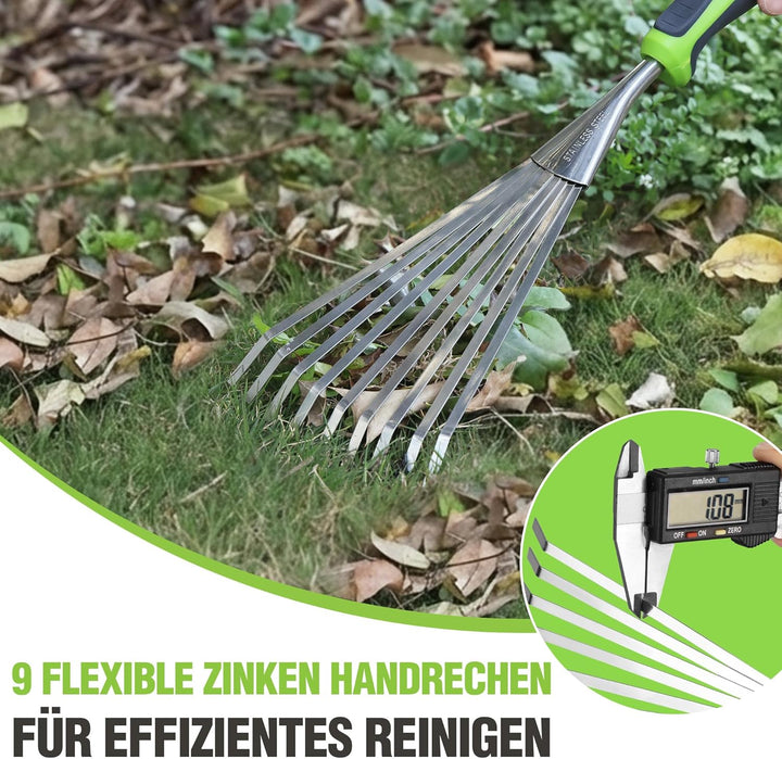 WORKPRO 41 cm Handrechen für Laub, 9-Zahn Gartenhandharke, Edelstahl Fächerrechen mit ergonomischem