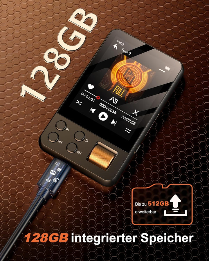 128GB MP3 Player Bluetooth 5.4 mit Kopfhörer, MP3 Player Kinder mit 2.4 Zoll Touchscreen, Musikplaye