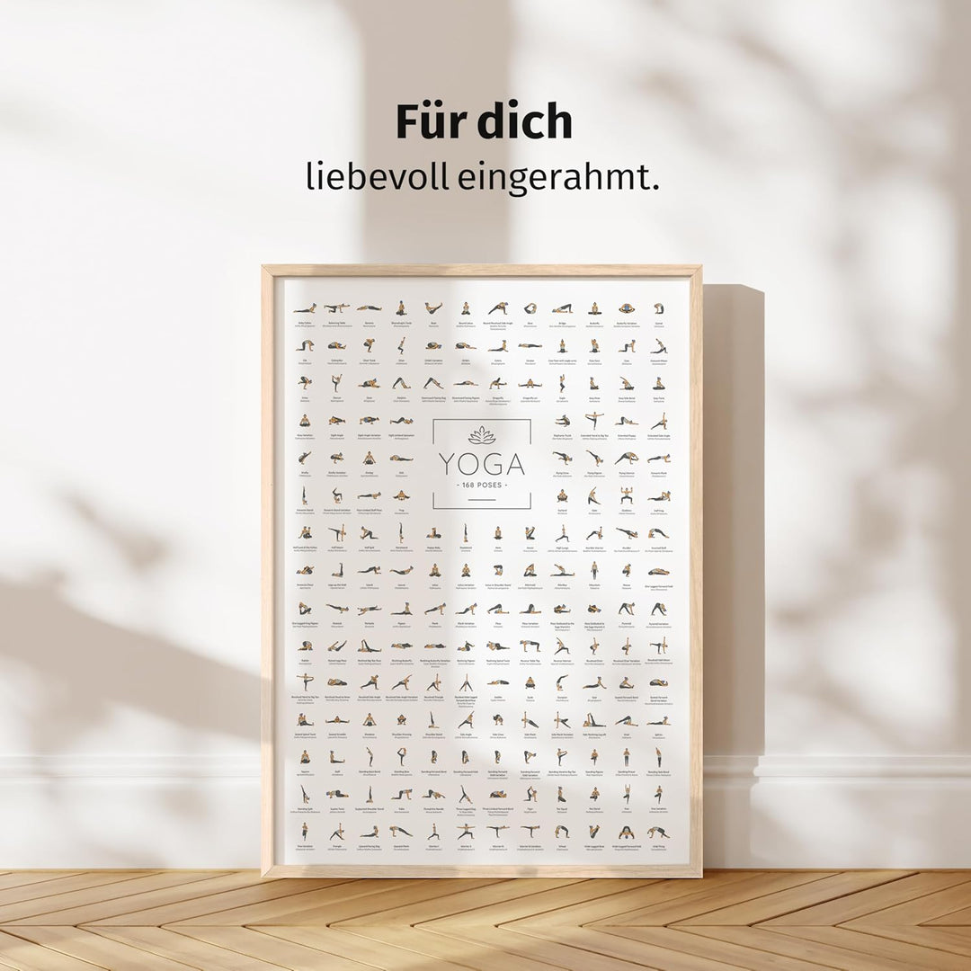 JUNOMI® Yoga Poster DIN A2 mit Rahmen Farbe Eiche, Yoga Zubehör für Studios und Übungen Zuhause, per