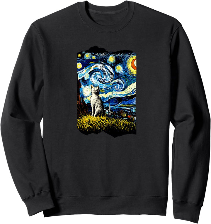 Katze, sitzend auf einem Feld, Vollmond, Van Gogh Stil Sweatshirt