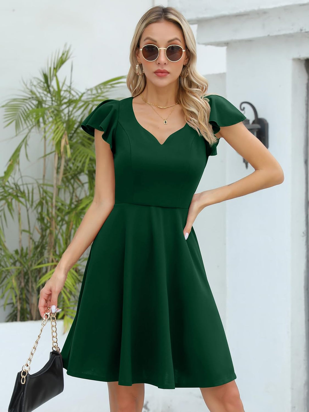 Missufe Damen Cocktailkleid Elegant Vintage Minikleid Kurz A-Linie Herzausschnitt Kleider, Dunkelgr&