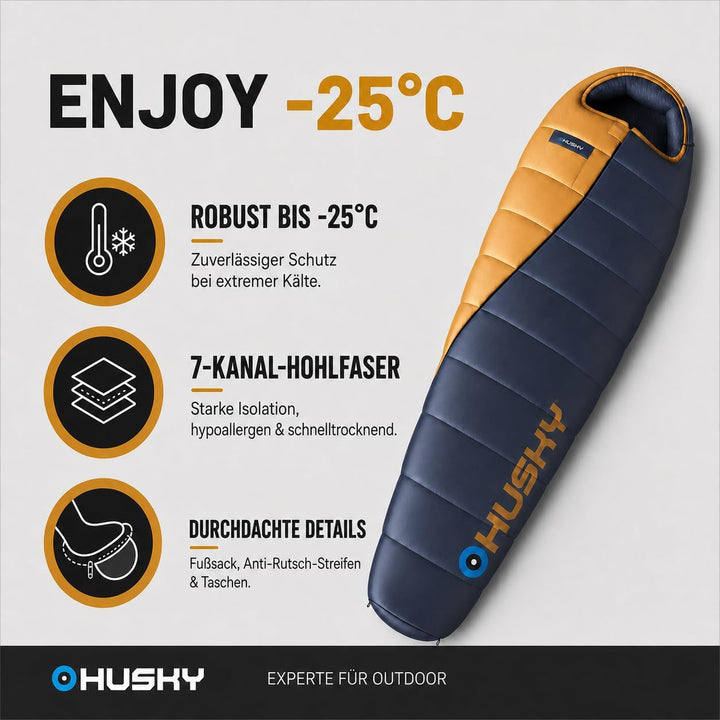 Husky Enjoy Schlafsack 4 Jahreszeiten bis -25°C, Warmer Winter Mumienschlafsack für Erwachsene, Wint