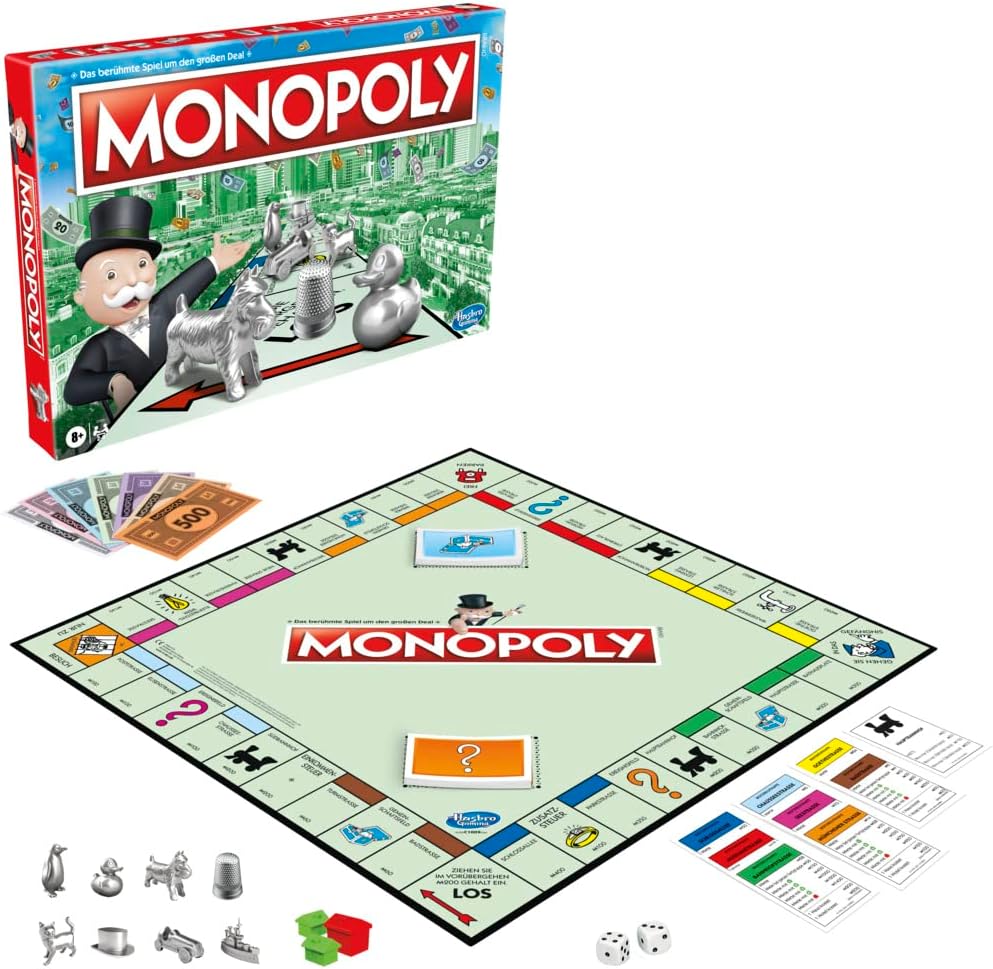 Monopoly Spiel, Familien-Brettspiel für 2 bis 6 Spieler, ab 8 Jahren für Kinder, mit 8 Spielfiguren