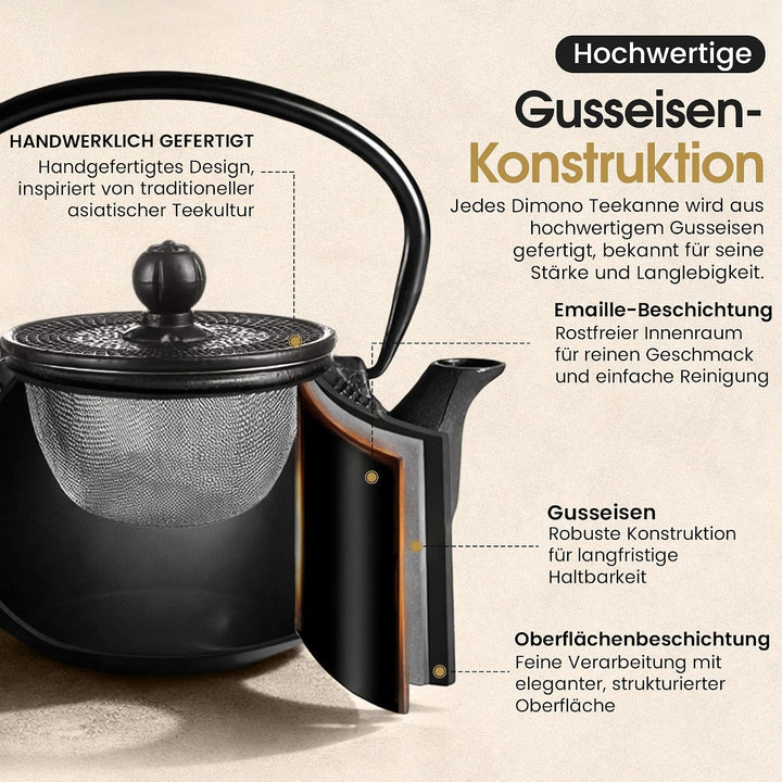DIMONO® Japanische Teekanne aus Gusseisen 1300ml inkl. Edelstahl Sieb | Hält Tee extra lange warm, a