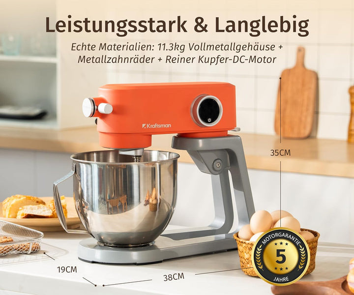 5L Vollmetall-Küchenmaschine,Pizzateig Knetmaschine,Teigmaschine mit leisem Kupfer-DC-Motor, 4 Edels