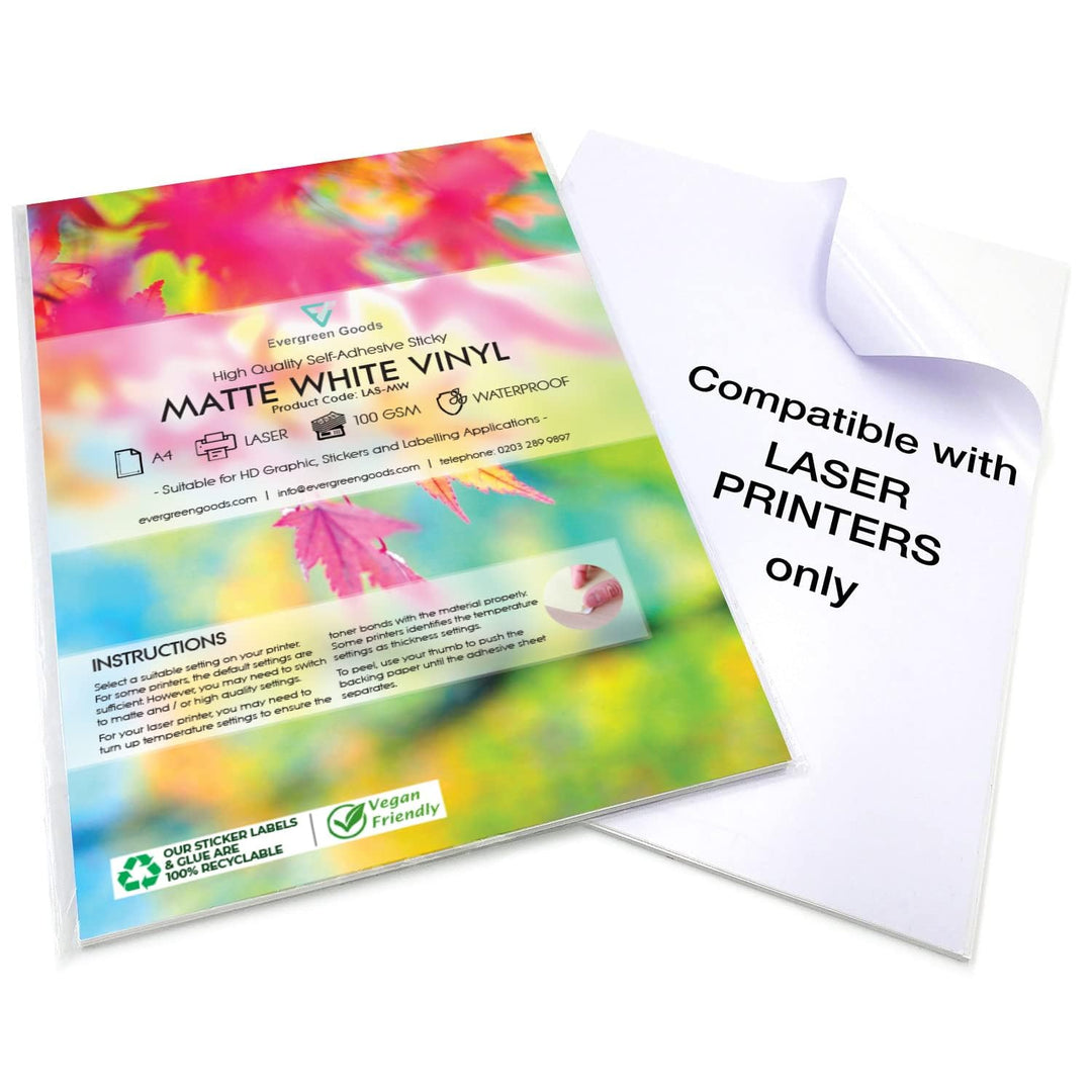 100 Blatt A4 selbstklebendes weisses, mattes Vinyl | nur Laserbedruckbar | wasserfeste Aufkleberböge