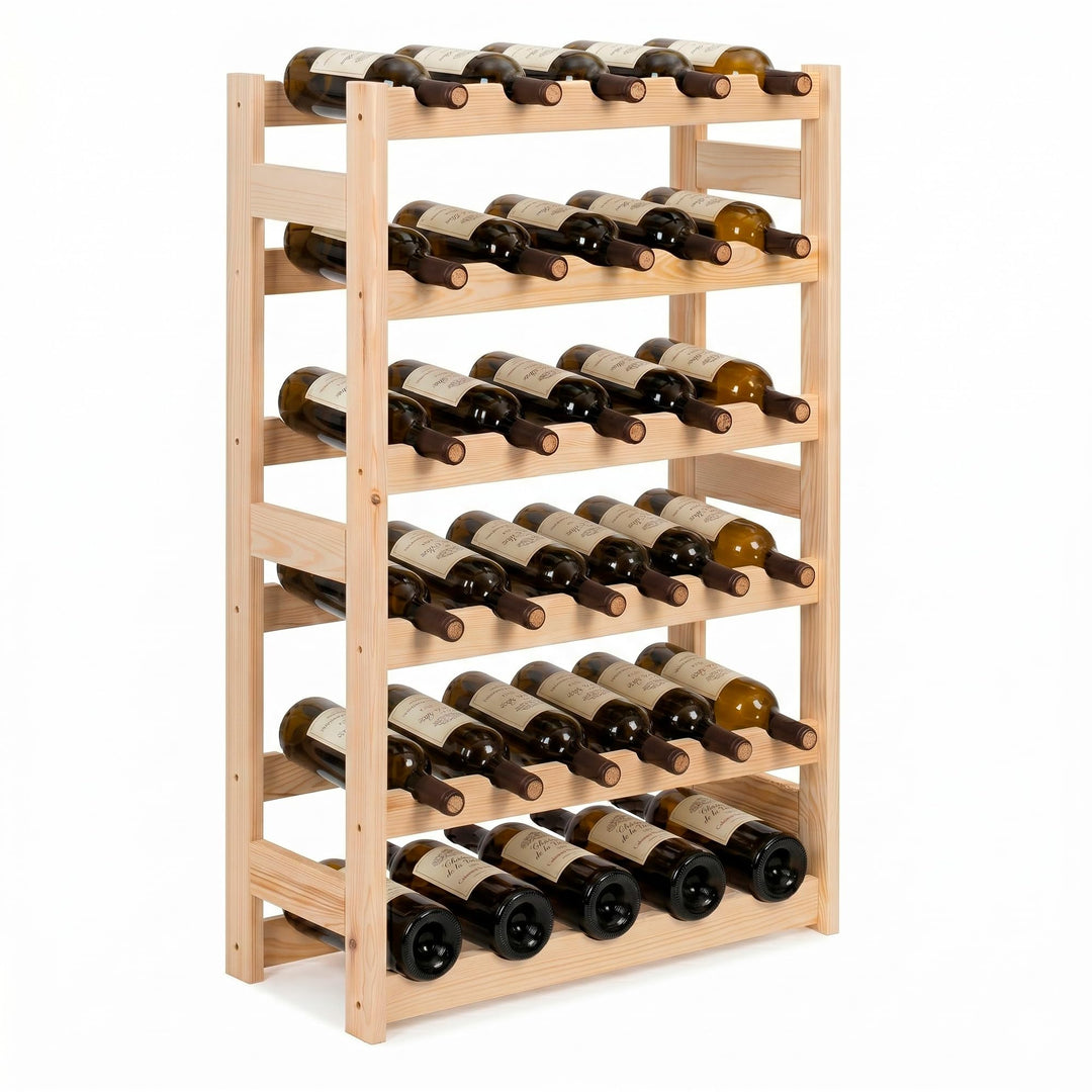 SPRINGOS Weinkühlschrank aus Kiefernholz für 30 Flaschen - Natürlicher Holz-Weinregal mit 6 vorderen