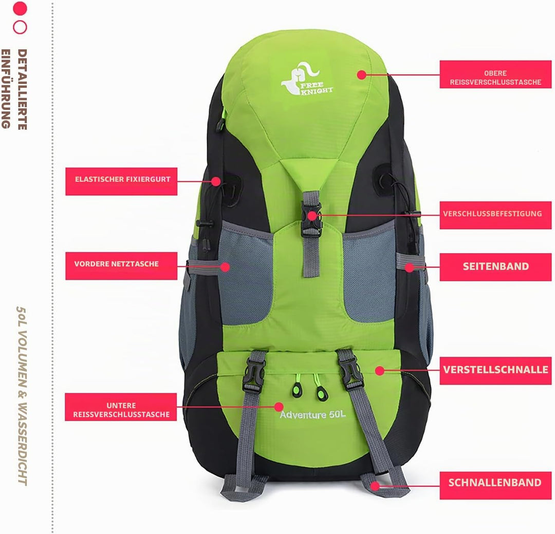 Bseash 50L Leichter wasserfester Wanderrucksack, Outdoor Sport Tagesrucksack Multifunktions Reisetas