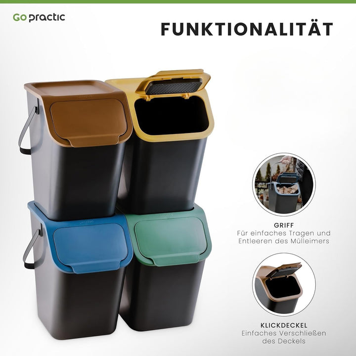 Go Practic 4-er Mülleimer-Set Küche Mülltrennsystem 2x Mülleimer 35l mit Deckel 2x 25l Mülleimer mit