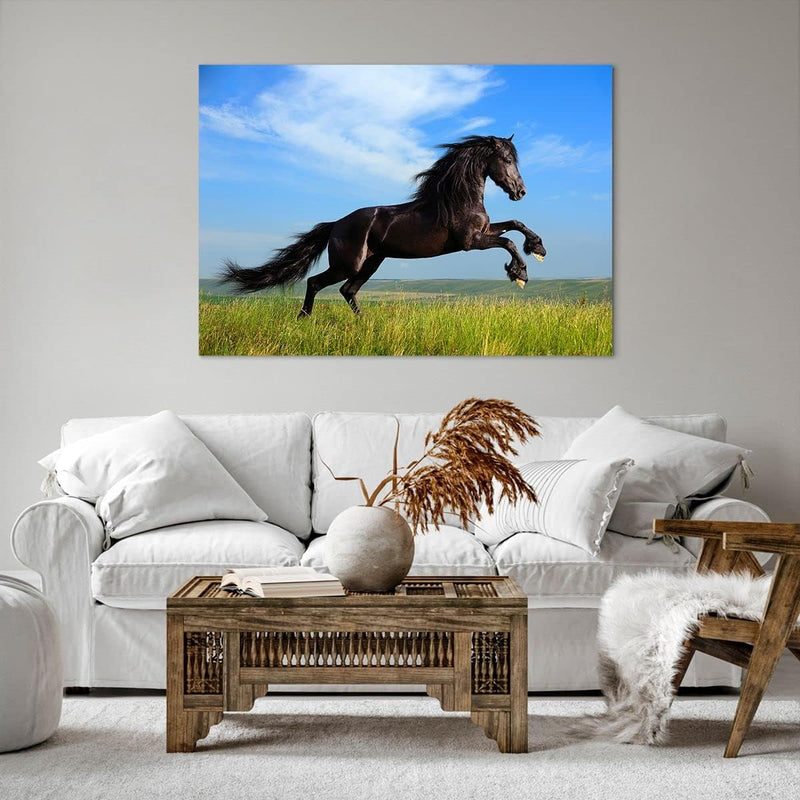 Bilder auf Leinwand 100x70cm Leinwandbild Schwarzes Pferd Pferd Galopp Gross Wanddeko Bild Schlafzim