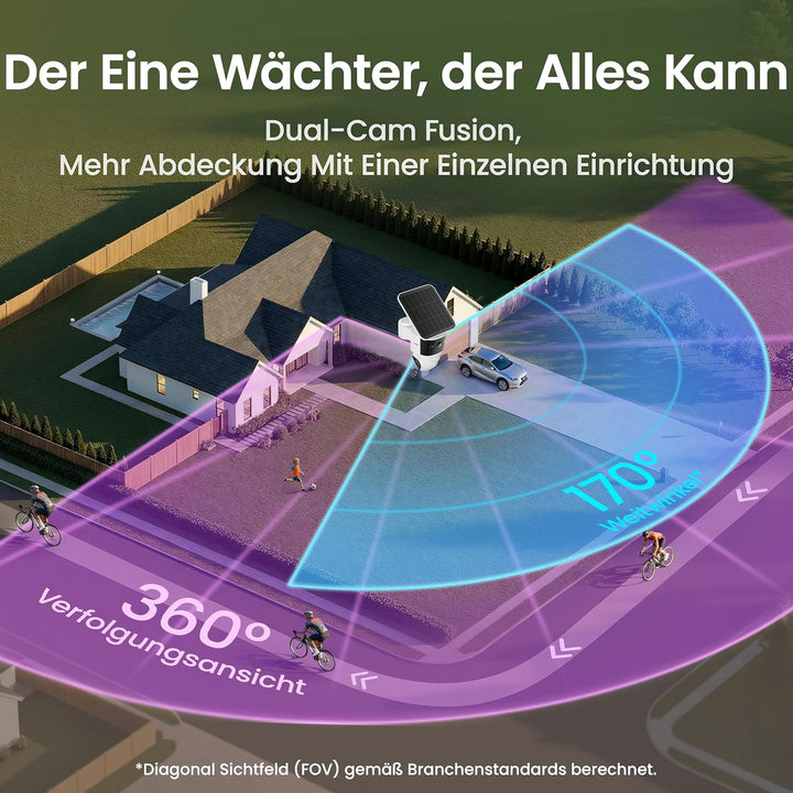 aosu T2 Pro 3K Überwachungskamera Aussen Akku Solar, 360° PTZ + 170° Weitwinkel 5MP Dual-Kamera Tech
