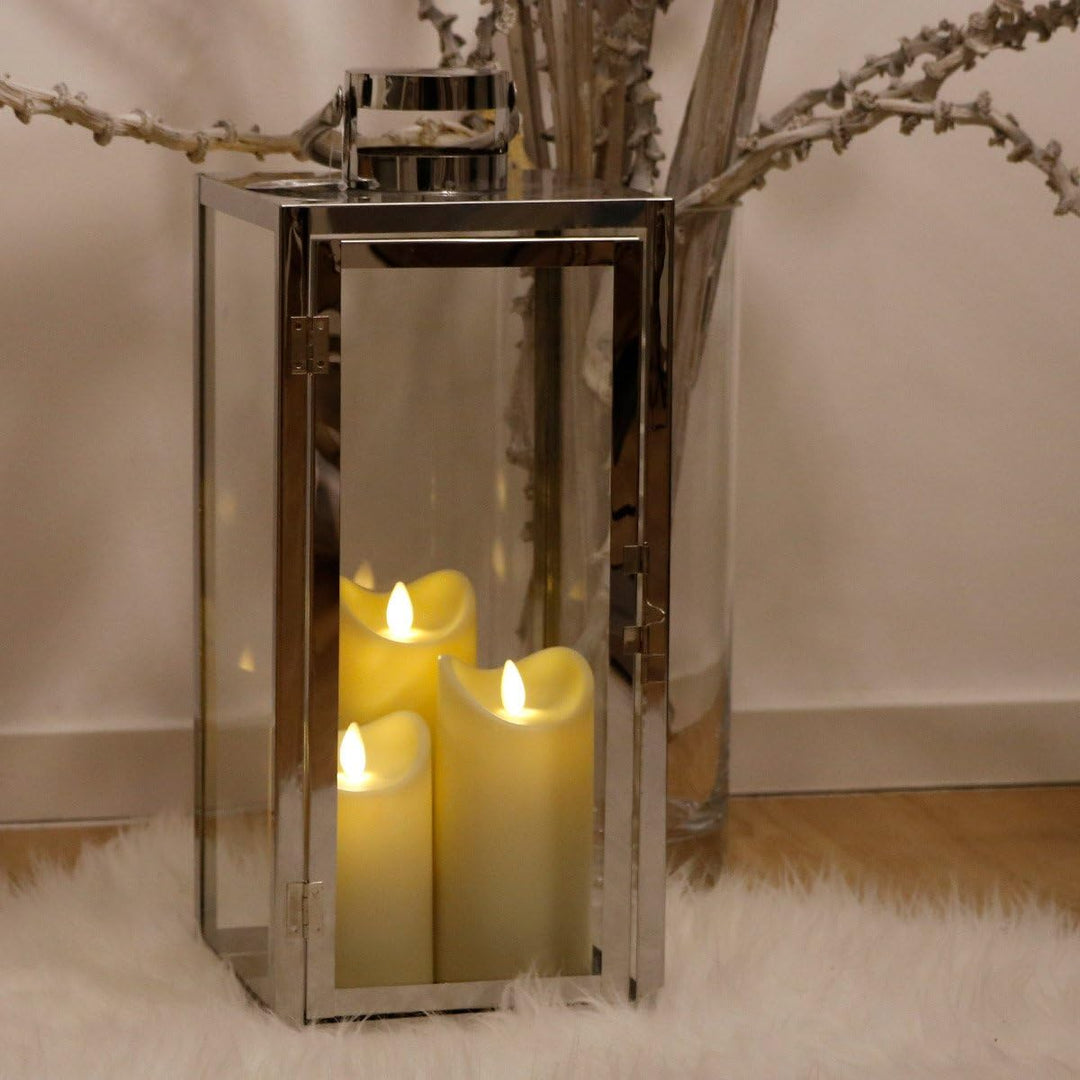 Dekovita Edelstahl-Laterne Set - 50cm Gartenlaterne mit 3 Outdoor LED Kerzen in Creme-Weiss 13/15/18