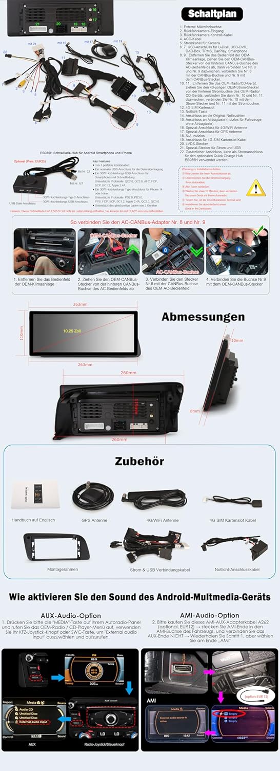 Erisin 10,25 Zoll 8-Kern 4GB+64GB Android 14 Autoradio Bluetooth mit GPS Navigation für Audi Q5 2009