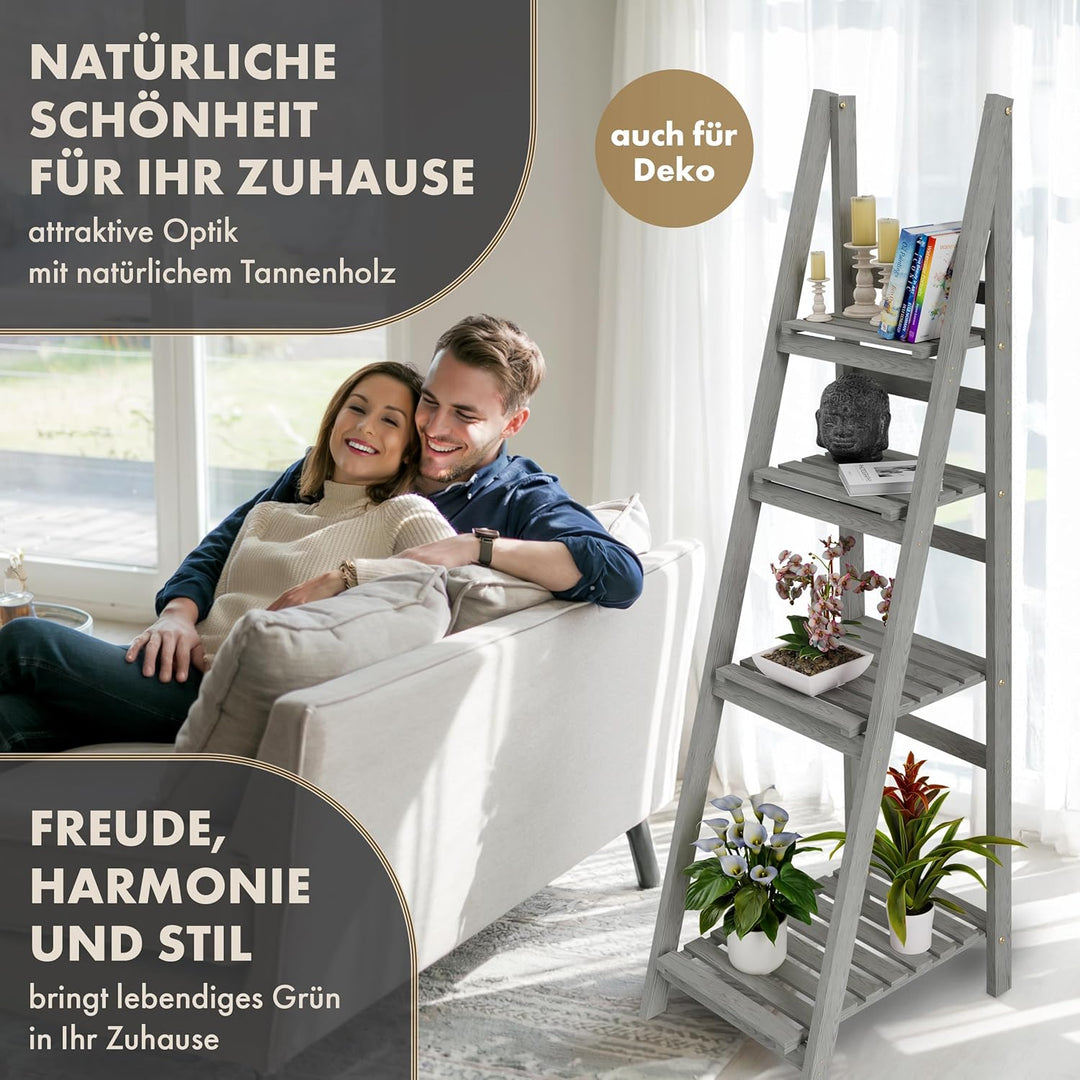 Blumenleiter Flower Ladder L 160x41x50cm hellgrau - 4-Ebenen Natur Holz Leiterregal Blumentreppe Blu
