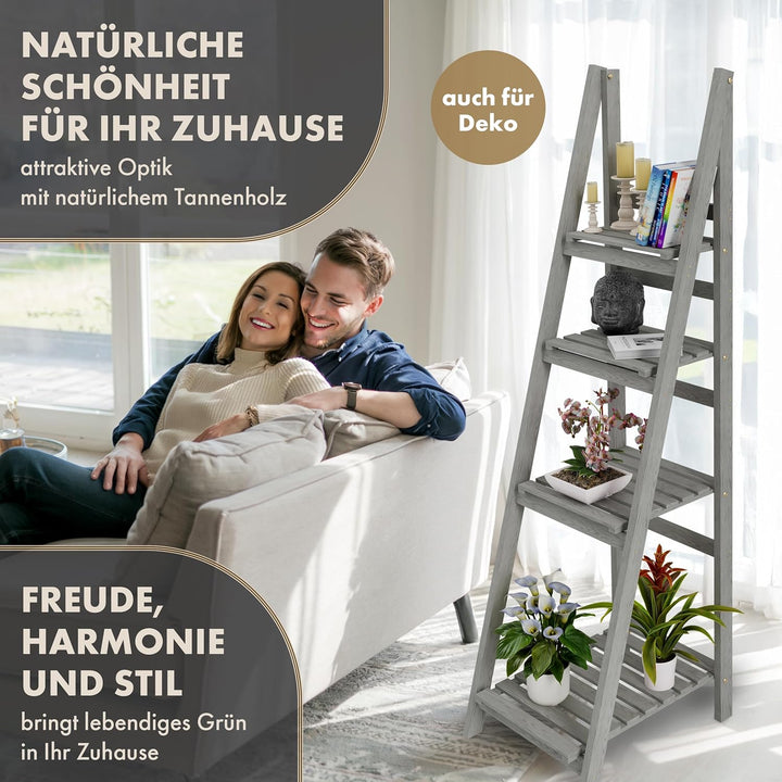 Blumenleiter Flower Ladder L 160x41x50cm hellgrau - 4-Ebenen Natur Holz Leiterregal Blumentreppe Blu