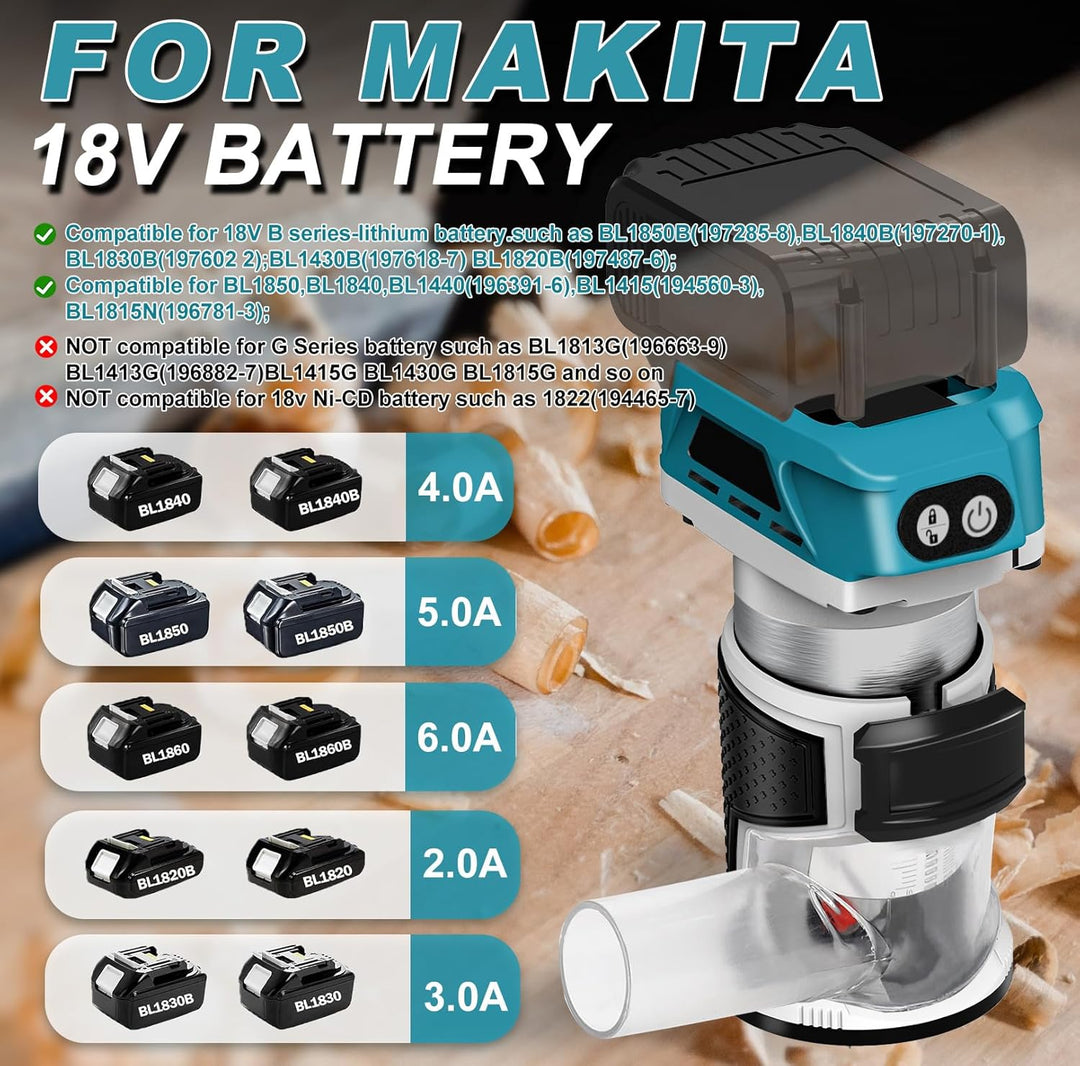 Akku Oberfräse kompatibel mit Makita 18V Akku, 800W Bürstenlose Kantenfräser mit 6 Geschwindigkeiten