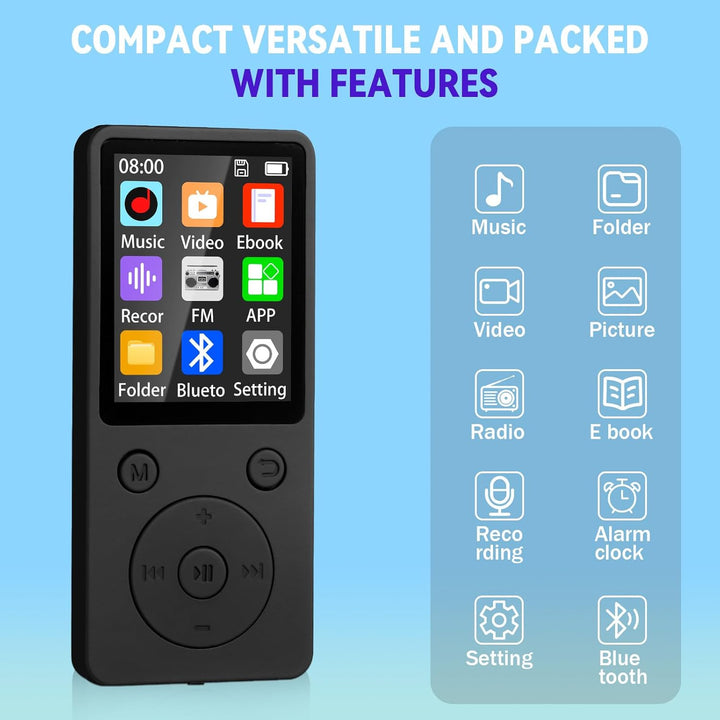 MP3 Player mit Bluetooth 5.2, 32 GB Speicherkarte, 1,8 Zoll TFT Farbbildschirm, M8 Musik-Player Spor