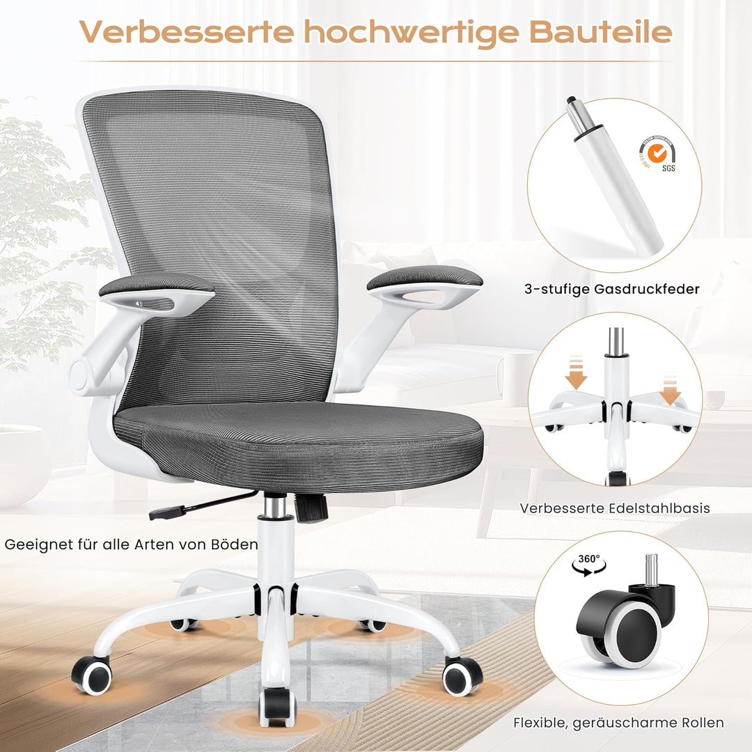 KERDOM Bürostuhl, Ergonomischer Schreibtischstuhl mit Klappbaren Armlehnen, 360° Drehstuhl Mesh Comp