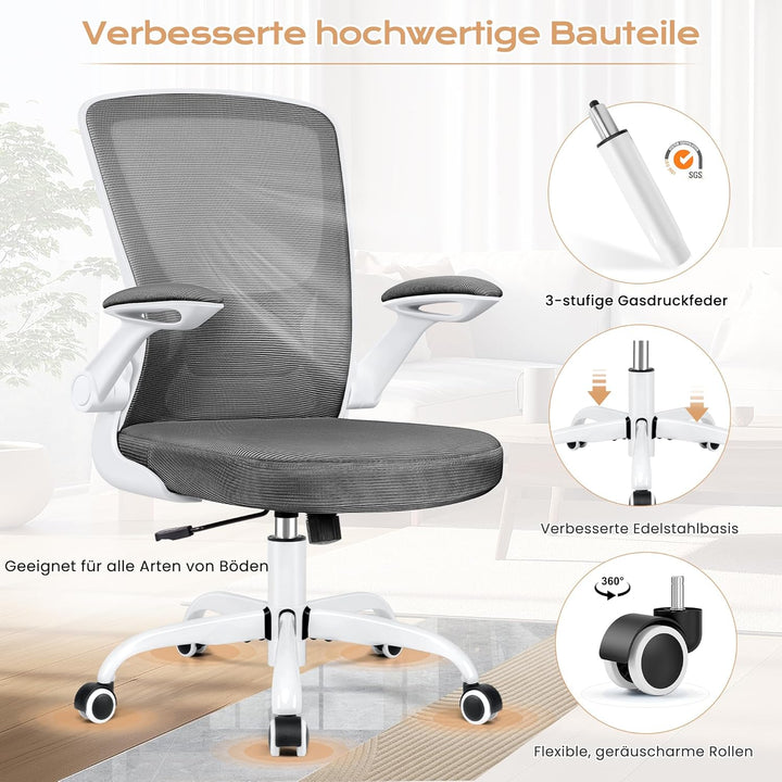 KERDOM Bürostuhl, Ergonomischer Schreibtischstuhl mit Klappbaren Armlehnen, 360° Drehstuhl Mesh Comp