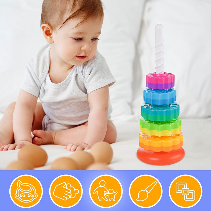 35cm Stapelturm mit Drehfunktion, Regenbogen-Stapelringe Spielzeug für Kinder, Zweifarbige drehende