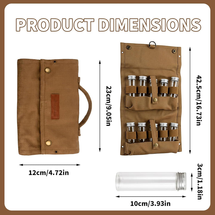 Tragbare Gewürztasche aus Segeltuch mit 10 Glasflaschen Camping Gewürzset für Outdoor BBQ, Picknick,