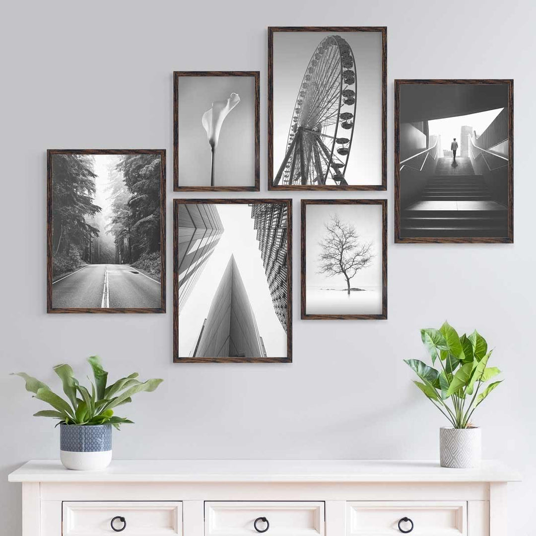 PHOTOLINI dunkel Eiche Bilderrahmen Set verschiedene Grössen, 6 Bilderrahmen braun Holz MDF, Bilder