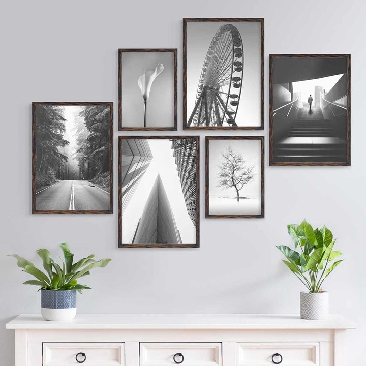 PHOTOLINI dunkel Eiche Bilderrahmen Set verschiedene Grössen, 6 Bilderrahmen braun Holz MDF, Bilder