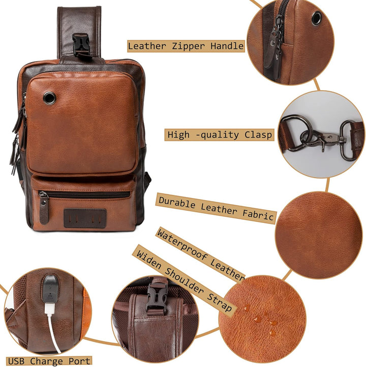 AONEGOLD Herren Brusttasche Vintage PU Leder Schultertasche Sling Chest Crossbody Bag Wasserdicht Le