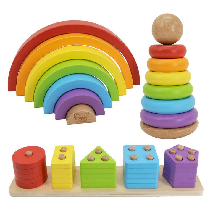 Nene Toys Montessori Holzspielzeug ab 1 Jahr – FSC 3-in-1 Regenbogen, Stapelturm & Sortier-Steckspie