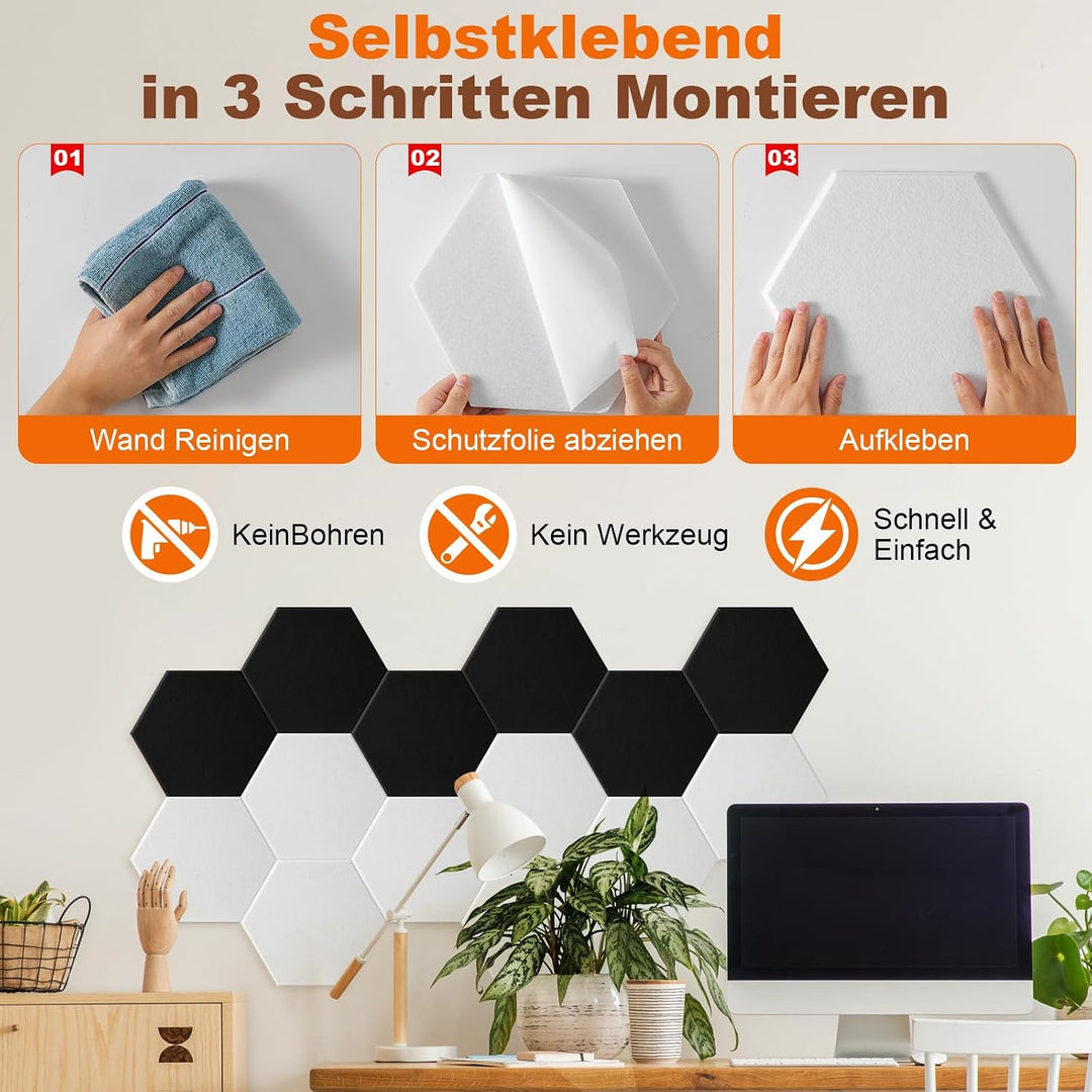 Rdutuok 12 Stück Selbstklebend Akustik Panel,30x26x1cm Hexagon Akustik Absorber Schallschutzplatten