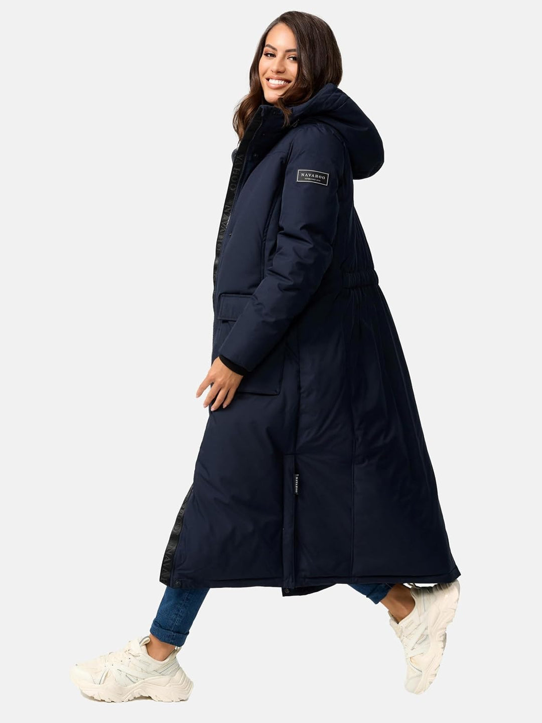Navahoo Damen Wintermantel Warmer Mantel extralang mit Kapuze Wolkenfrost XIV XS-XXL M Navy, M Navy