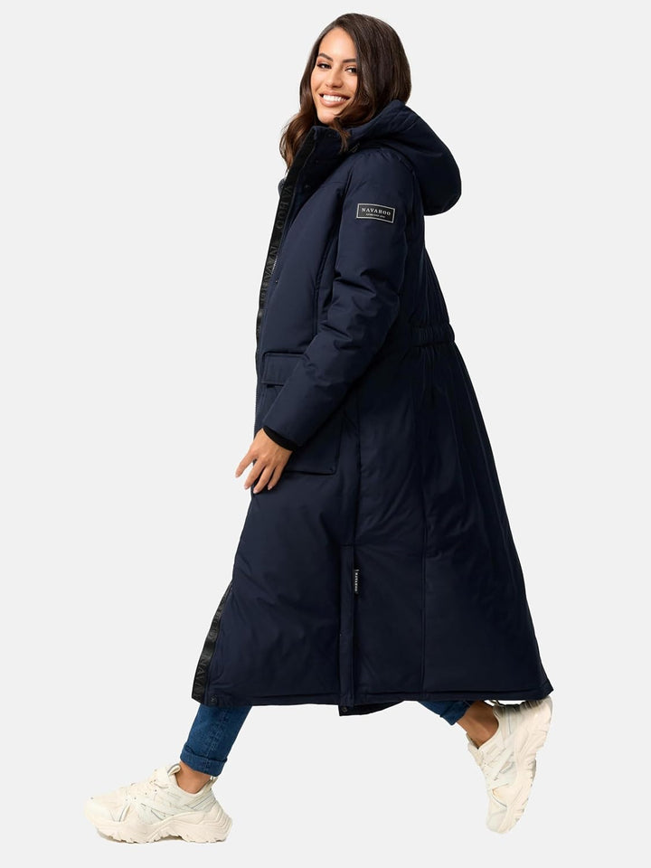 Navahoo Damen Wintermantel Warmer Mantel extralang mit Kapuze Wolkenfrost XIV XS-XXL M Navy, M Navy
