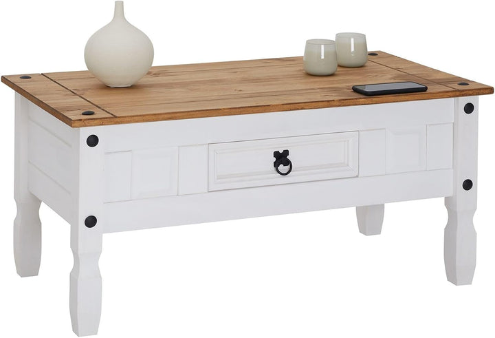 CARO-Möbel Couchtisch Campo im Mexiko-Stil Wohnzimmertisch Beistelltisch Kiefer massiv, braun/weiss