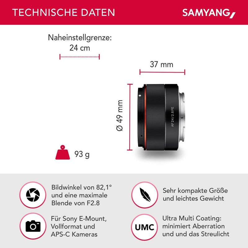 Samyang AF 24 mm F2.8 FE (Tiny but Wide) - Vollformat 24mm Weitwinkel Festbrennweite Autofokus Objek