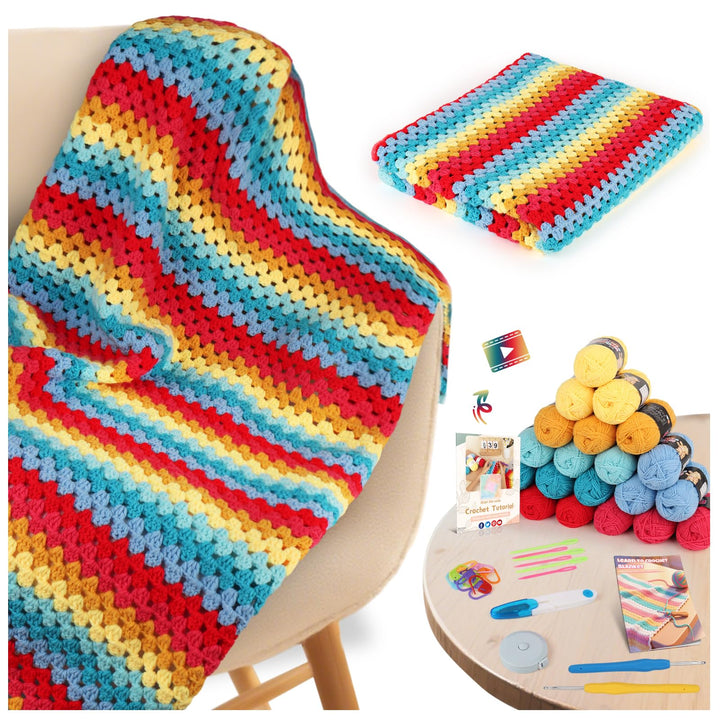 Aeelike Rainbow Blanket Crochet Kit - Häkelsets für Anfänger Erwachsene mit Anleitung, Schritt-für-S