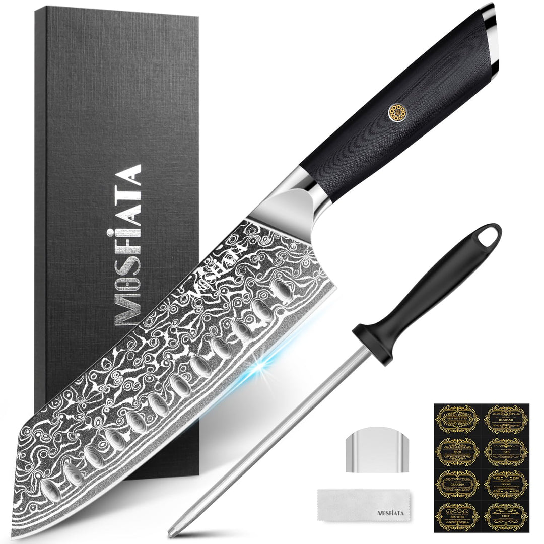 MOSFiATA Damast Santokumesser Scharf 7 Zoll, Küchenmesser Damastmesser Japanisches Messer Chef Knife