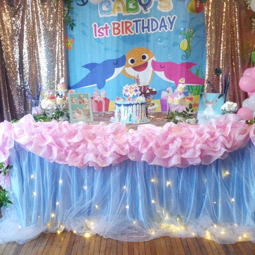HBBMAGIC Baby Blau Tüll Tischrock Mit Licht, 2-Langer 275cm Lang Blau Rüschen Tulle Tischröcke, Wasc