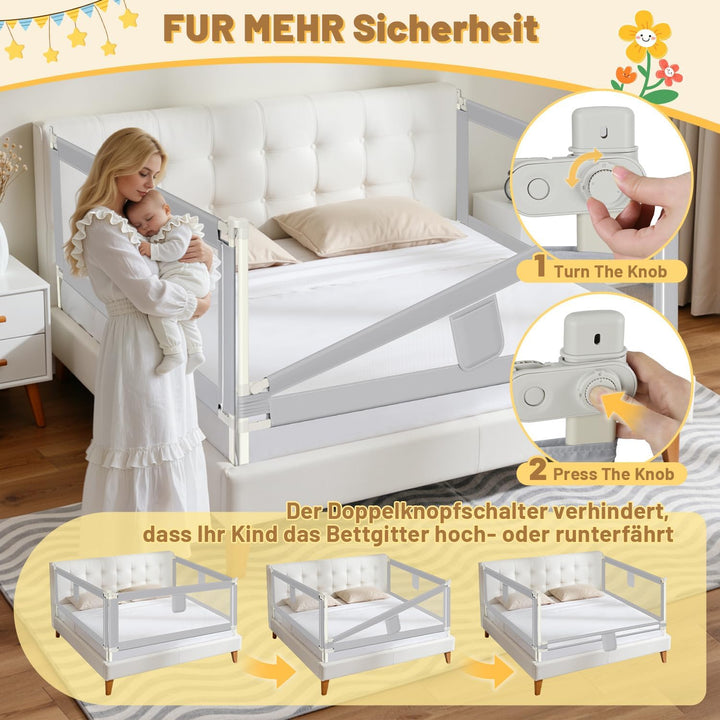 Ikodm Bettgitter Rausfallschutz Bett 150cm, Bettschutzgitter höhenverstellbar 64-96 cm für Babys und