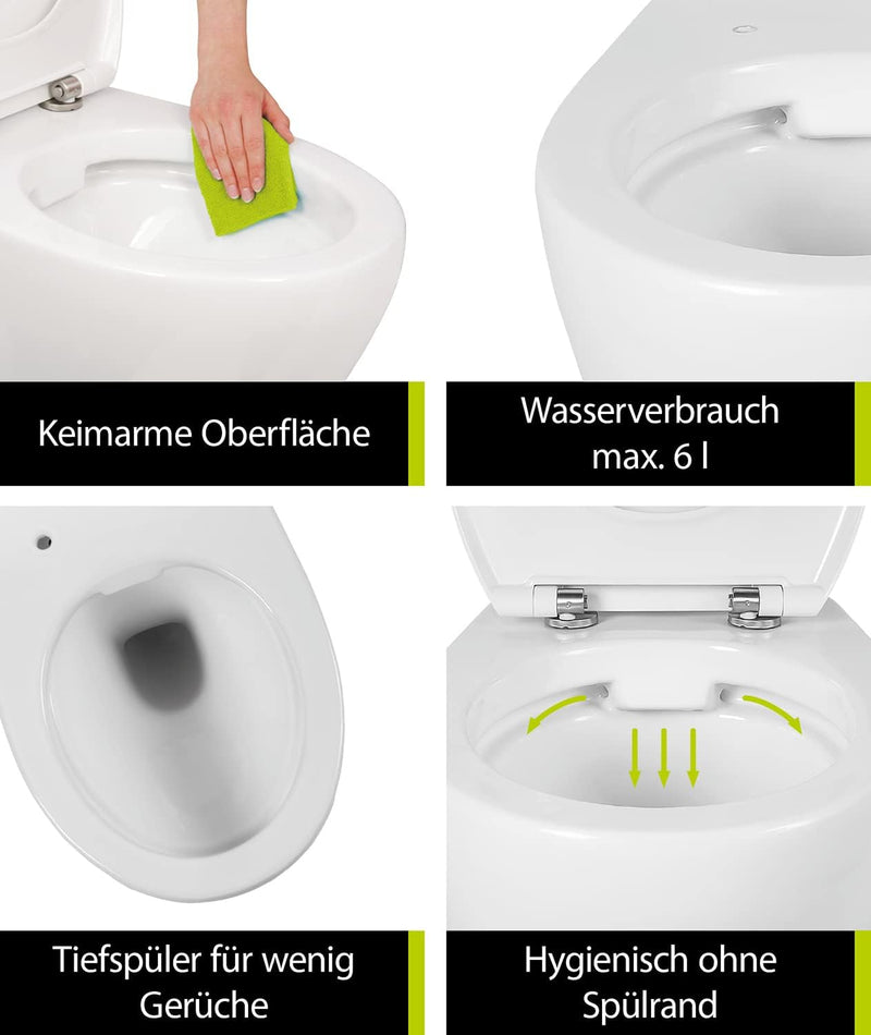 aquaSu® Spülrandloses Wand-WC Set Comida | Design-Toilette | Hänge-WC | Tiefspüler | Keramik | Abgan