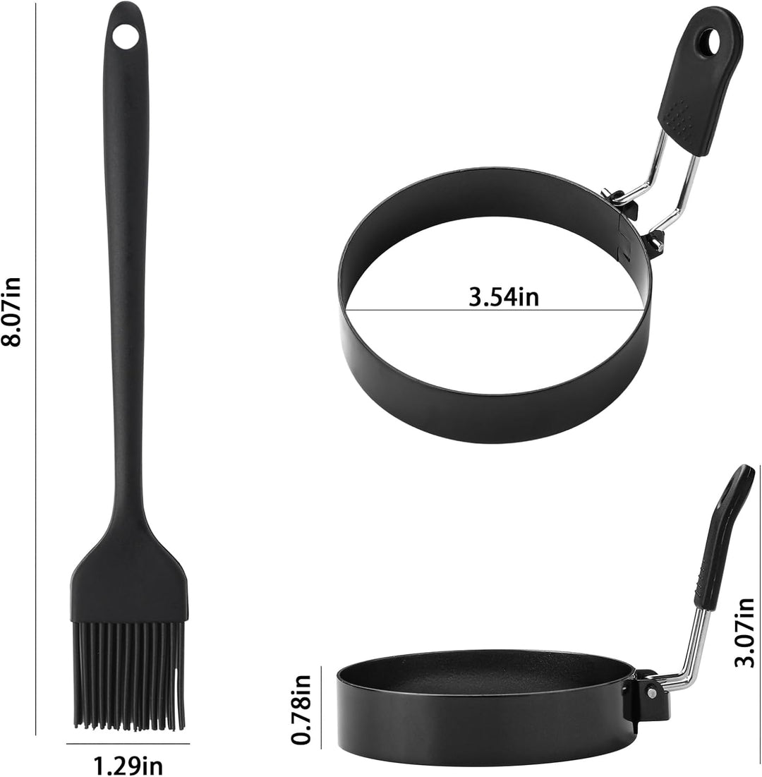 Eierring-Set aus Edelstahl, 8,9 cm, runde Eierform zum Braten und Grillen, mit Ölpinsel (4 Ringe, 2
