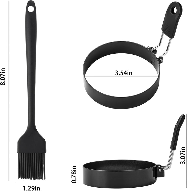 Eierring-Set aus Edelstahl, 8,9 cm, runde Eierform zum Braten und Grillen, mit Ölpinsel (4 Ringe, 2