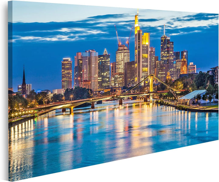 islandburner Bild auf Leinwand Schöne Aussicht Auf Frankfurt Am Main Skyline An Der Dämmerung Deutsc