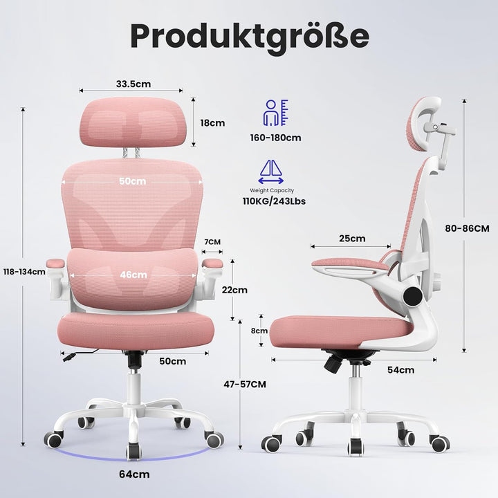 naspaluro Ergonomischer Bürostuhl, Drehstuhl mit Mesh, Lenden- und Kopfstütze, Hochklappbaren Armleh
