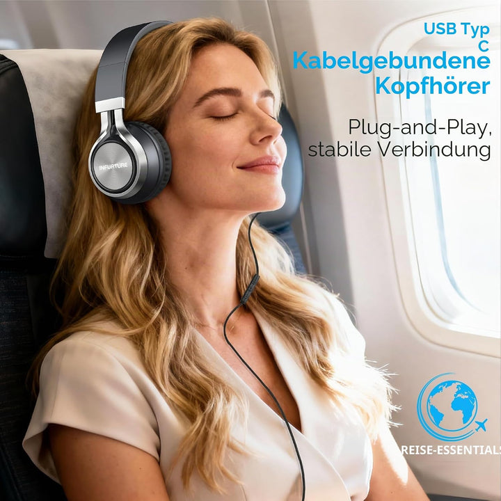 INFURTURE USB-C-Kopfhörer mit Mikrofon und Lautstärkeregler, Nur 191g Over Ear kopfhörer, Leicht Kop