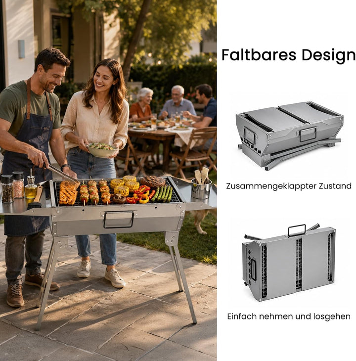 Klappgrill BBQ Set Tragbarer Holzkohlegrill mit 2 Seitenablagen, 28,5 x 77 x 55 cm Faltbar Grill Sch