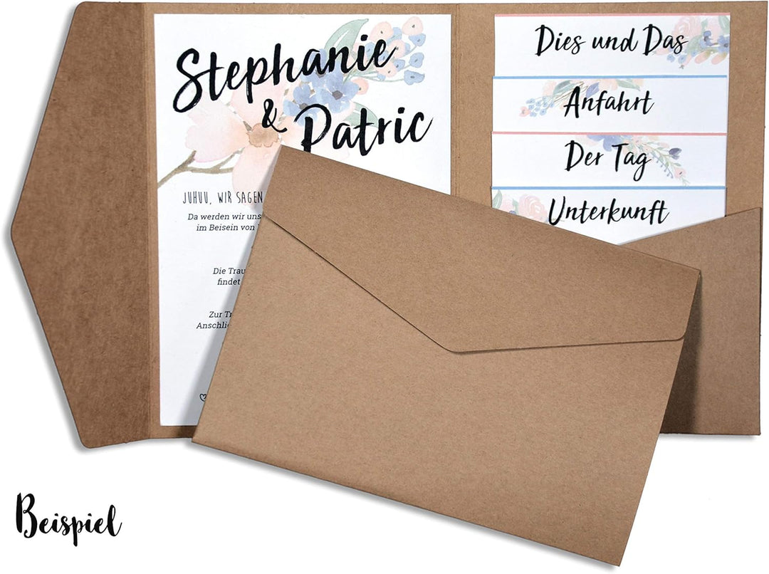 Hochzeit DIY Pocketfold Einladungskarten blanko mit Umschlägen - 20 Stück, Grösse B6 - Kraftpapier K