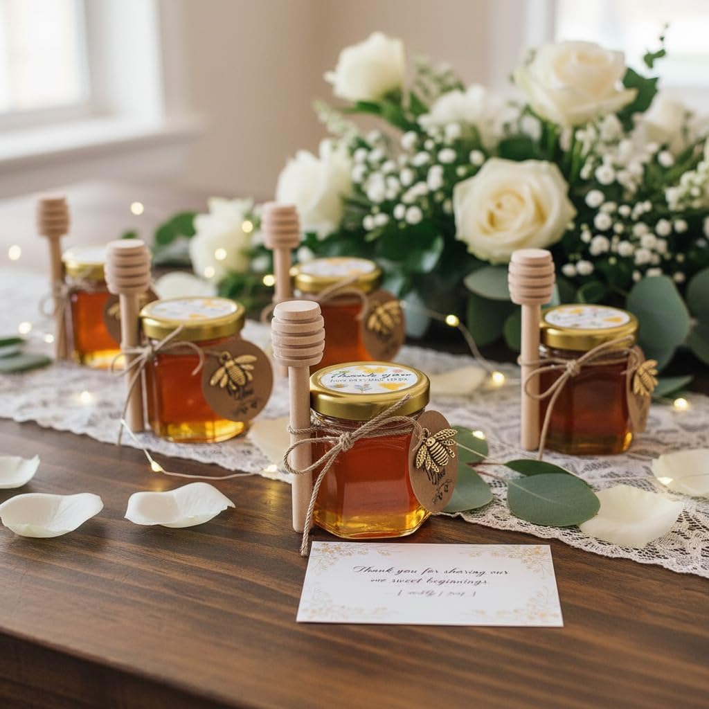 DnayDkiy 40er Set Mini Sechseckige Glas Honig Gläser mit Dippers und Charm-Anhängern - Perfekt als G