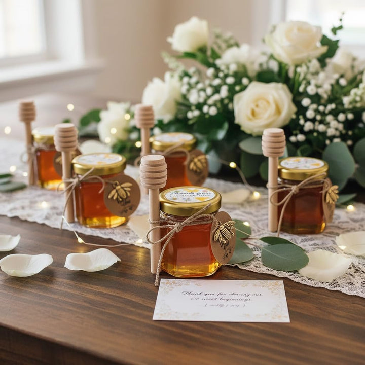 DnayDkiy 40er Set Mini Sechseckige Glas Honig Gläser mit Dippers und Charm-Anhängern - Perfekt als G